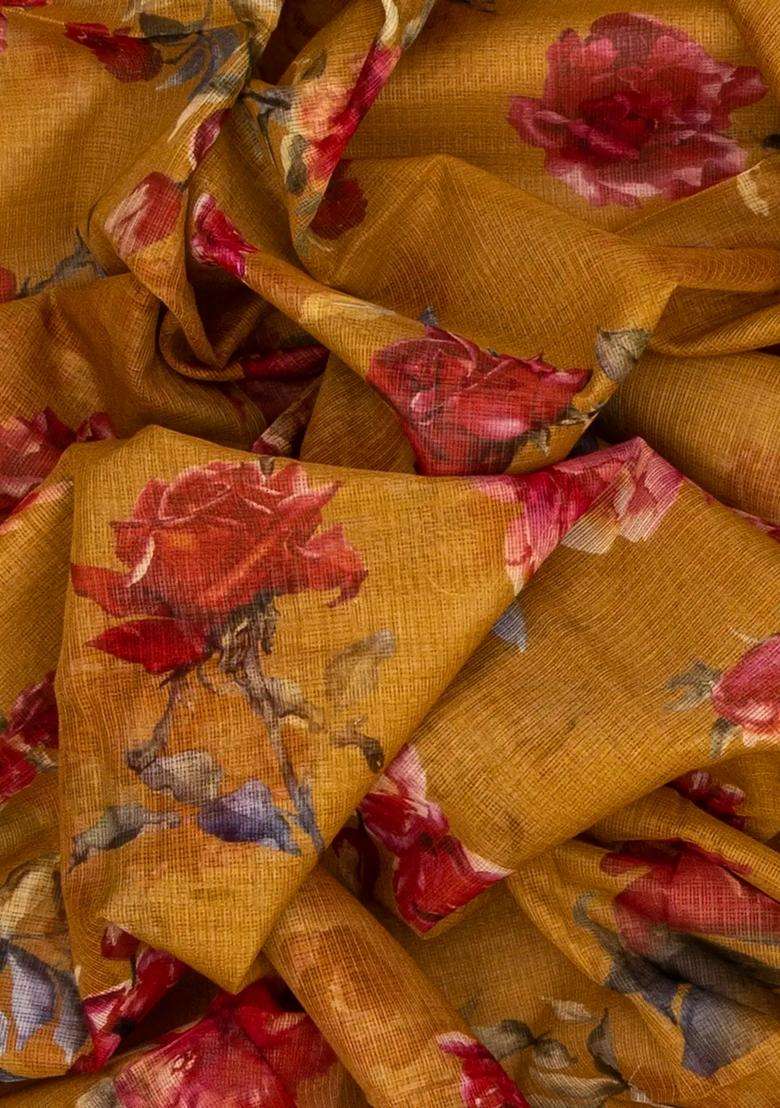 Oil Mustard Woven Kota Silk Saree With Printed Floral Motif Oil Mustard For Women - Indya
