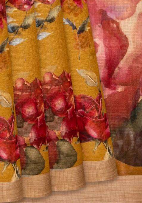 Oil Mustard Woven Kota Silk Saree With Printed Floral Motif Oil Mustard For Women