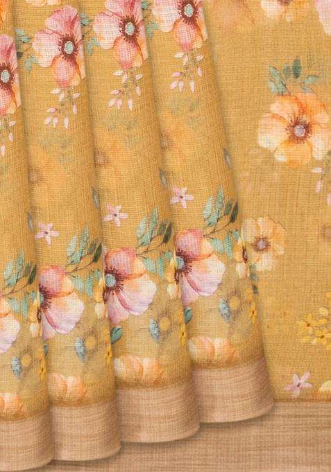 Sandal Woven Kota Silk Saree With Printed Floral Motifs Sandal For Women