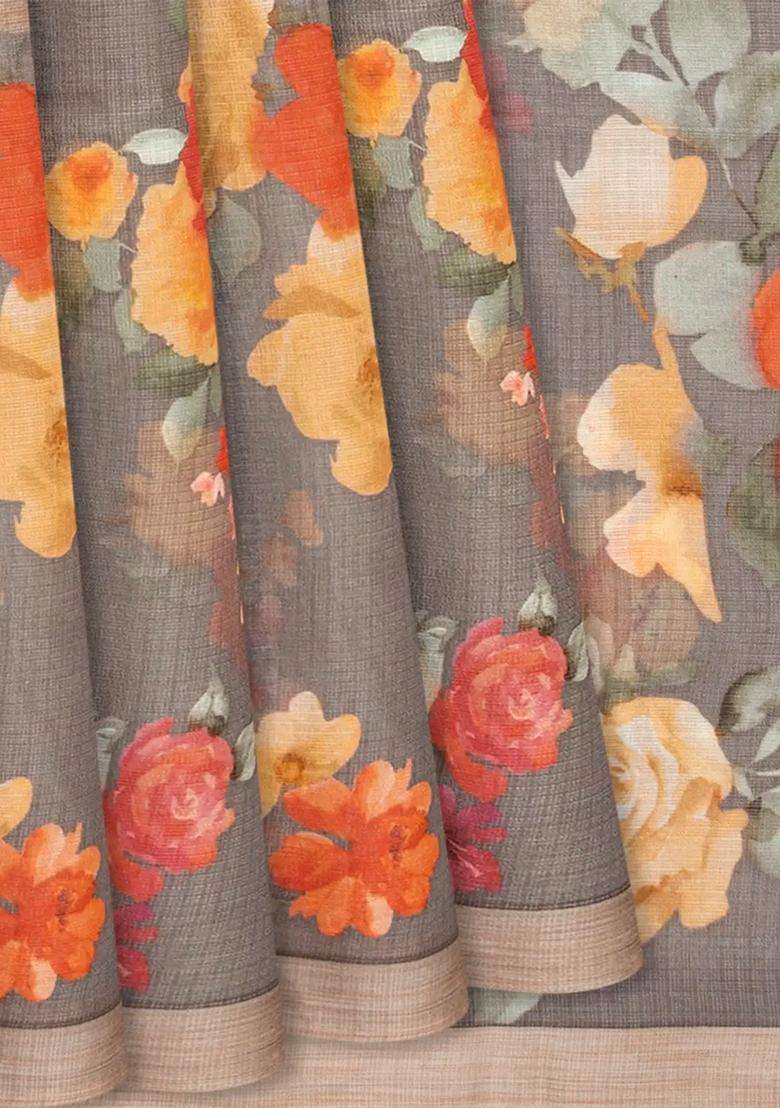 Grey Woven Kota Silk Saree With Printed Floral Motif Grey For Women - Indya