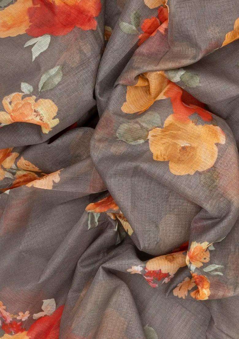 Grey Woven Kota Silk Saree With Printed Floral Motif Grey For Women - Indya