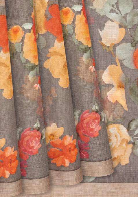 Grey Woven Kota Silk Saree With Printed Floral Motif Grey For Women