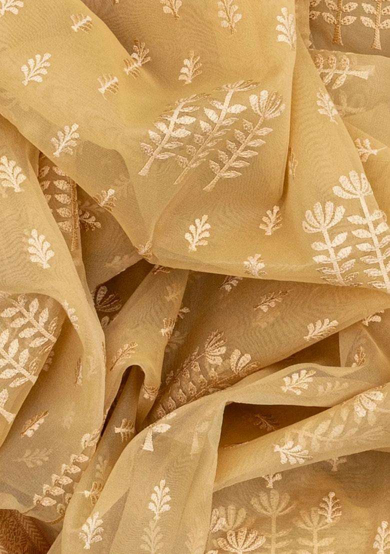 Beige Woven Blended Organza Saree With Floral Motifs Beige With Buttas And Brocade Design For Women - Indya