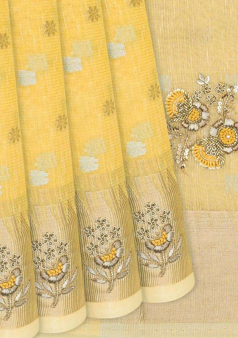 Yellow Tissue Embroidered Saree With Floral Motifs Yellow For Women - Indya