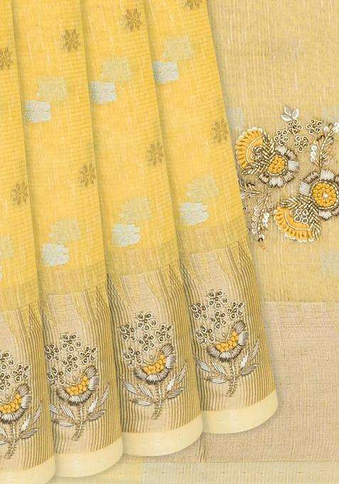 Yellow Tissue Embroidered Saree With Floral Motifs Yellow For Women