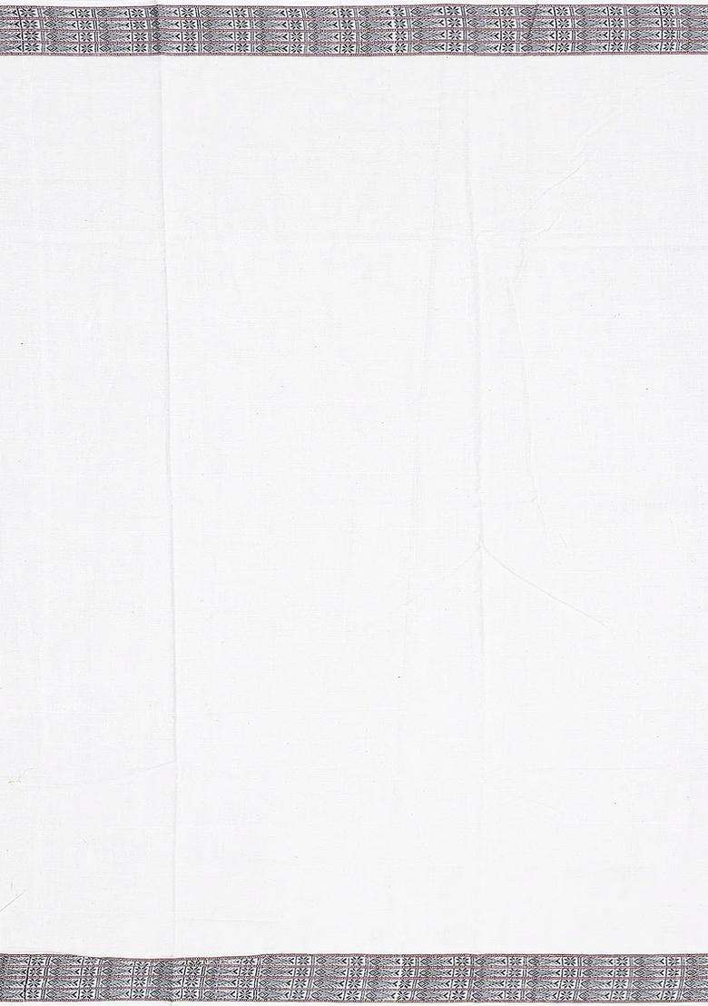 White Handwoven Chirala Cotton Saree With Fish Motifs White With Buttas And Brocade Design For Women - Indya