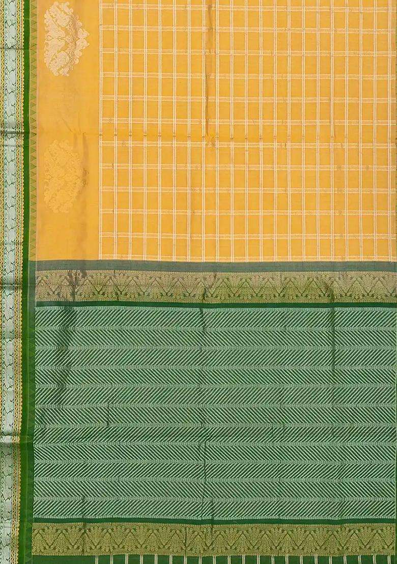 Yellow Handloom Chirala Silk Cotton Saree With Annam Motifs Yellow With Checks And Stripes Design For Women - Indya