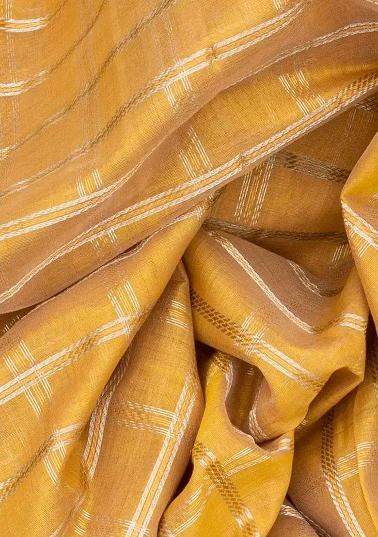 Yellow Handloom Chirala Silk Cotton Saree With Annam Motifs Yellow With Checks And Stripes Design For Women - Indya
