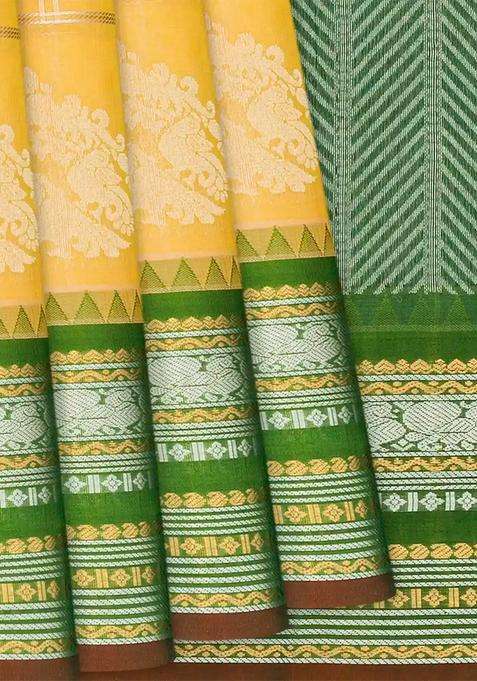 Yellow Handloom Chirala Silk Cotton Saree With Annam Motifs Yellow With Checks And Stripes Design For Women