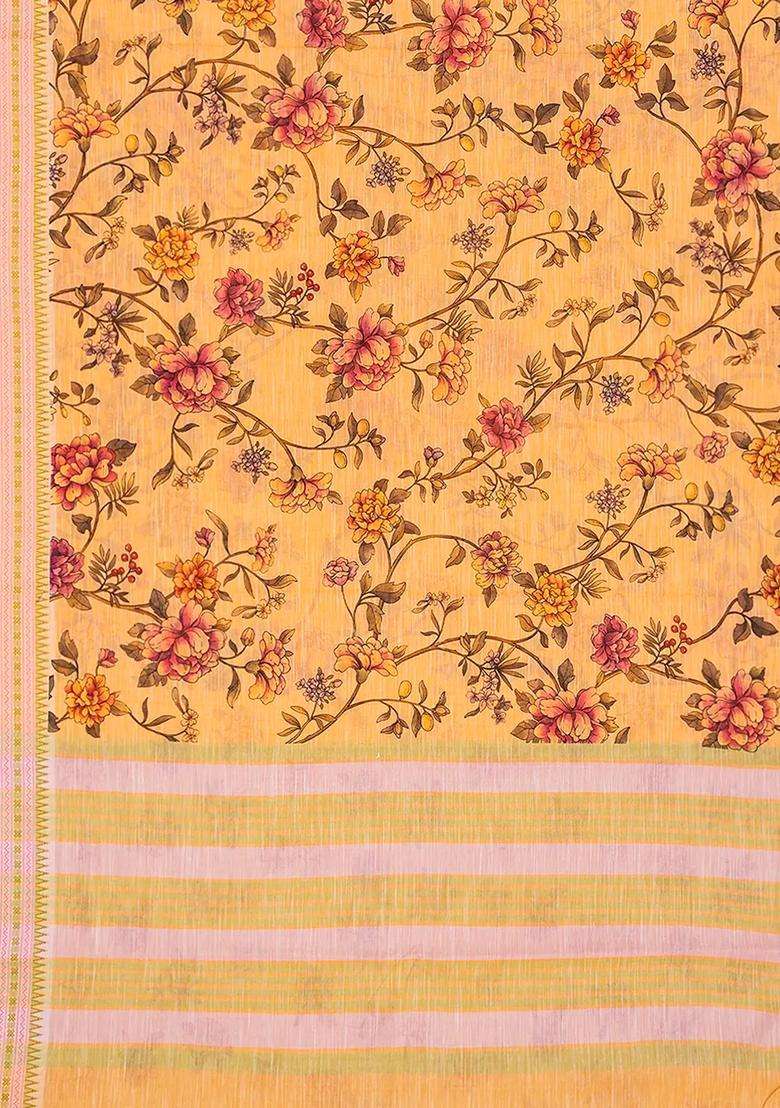 Orange Chirala Silk Cotton Saree With Printed Floral Motifs Orange For Women - Indya