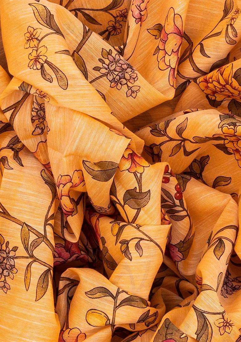 Orange Chirala Silk Cotton Saree With Printed Floral Motifs Orange For Women - Indya