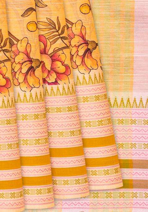 Orange Chirala Silk Cotton Saree With Printed Floral Motifs Orange For Women
