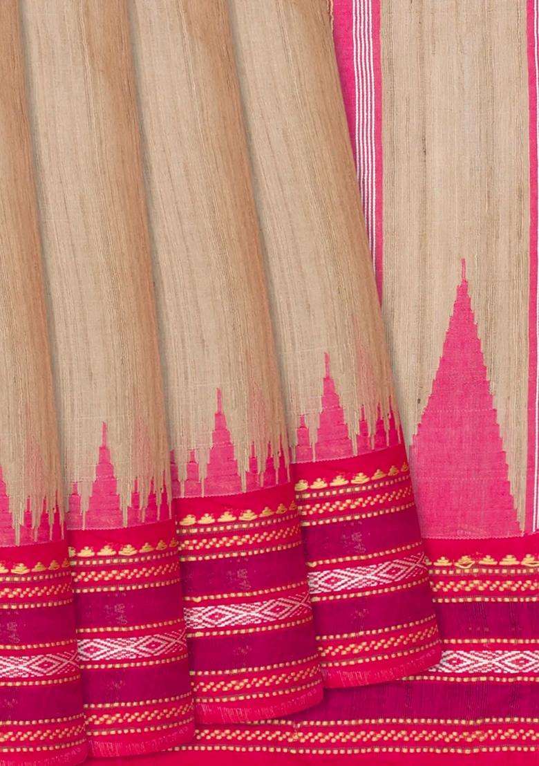 Cream Woven Dupion Silk Saree With Pink Border Cream With Traditional Woven Design For Women - Indya