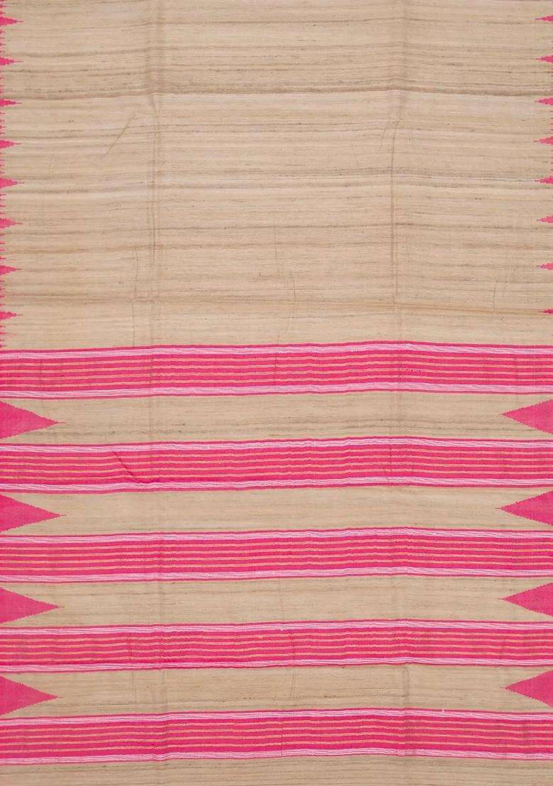Cream Woven Dupion Silk Saree With Pink Border Cream With Traditional Woven Design For Women - Indya