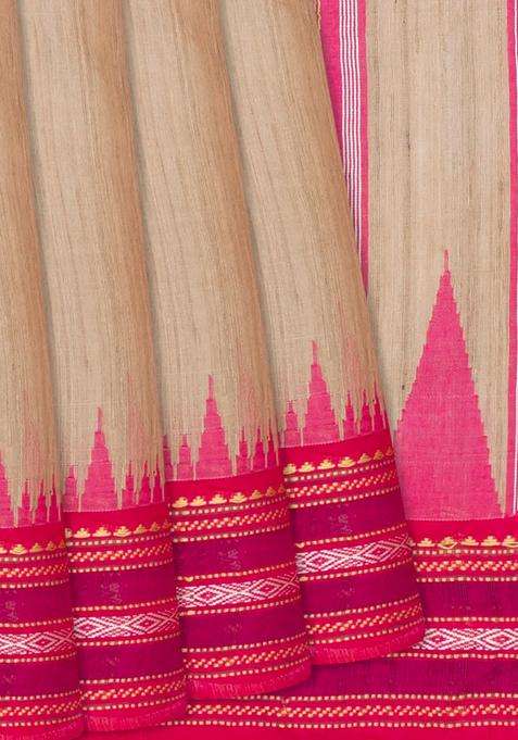 Cream Woven Dupion Silk Saree With Pink Border Cream With Traditional Woven Design For Women