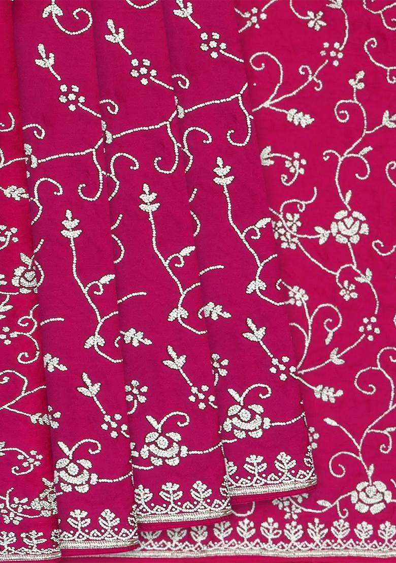 Pink Pure Crepe Embroidered Saree With Vine Motifs Pink For Women - Indya