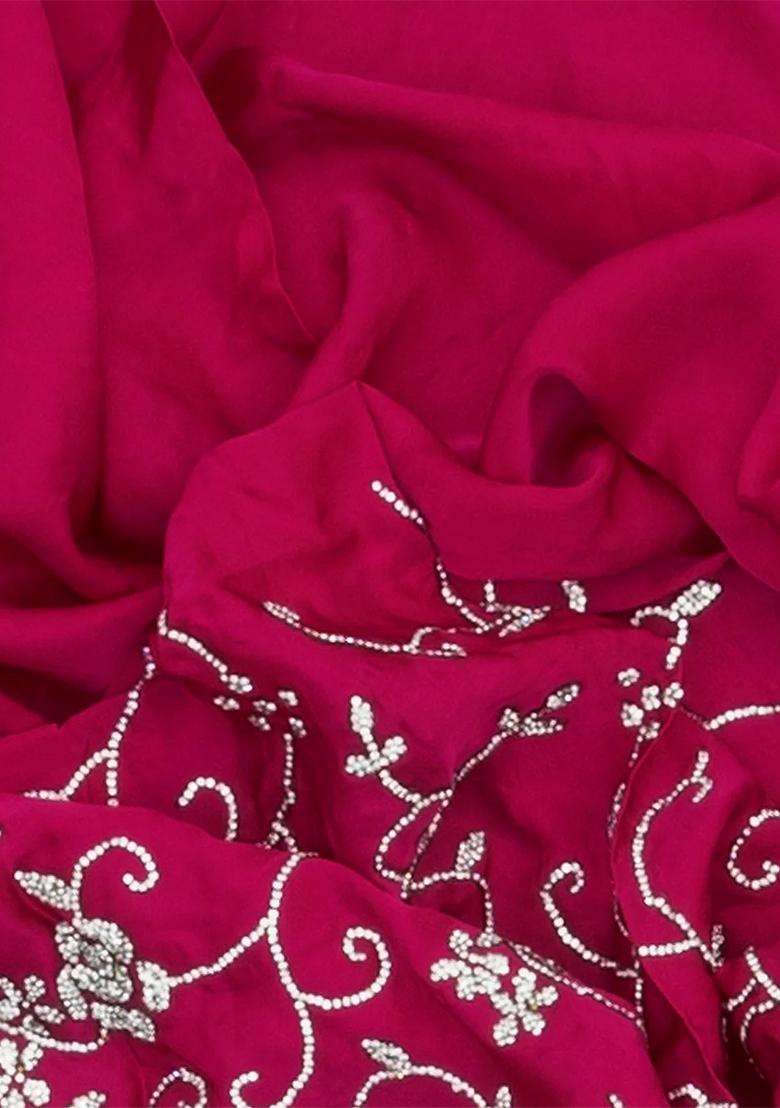 Pink Pure Crepe Embroidered Saree With Vine Motifs Pink For Women - Indya