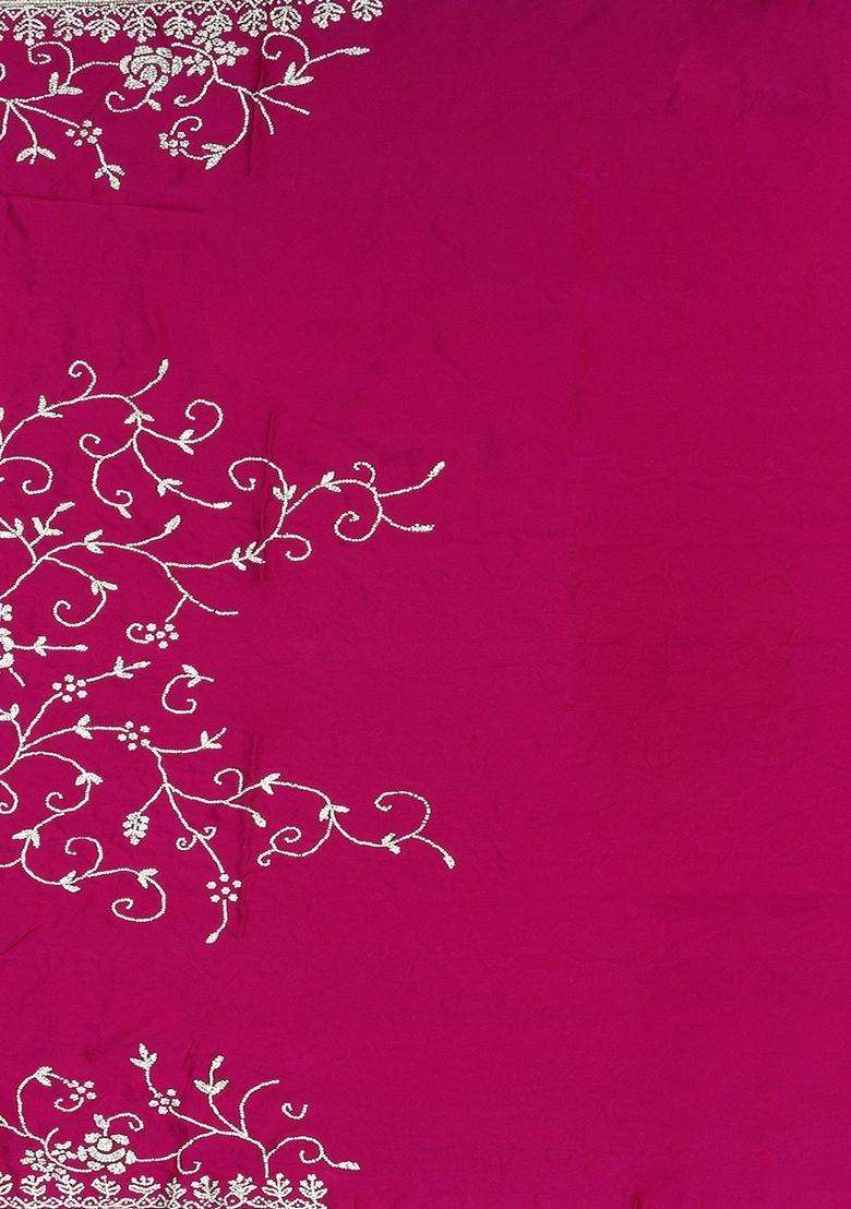 Pink Pure Crepe Embroidered Saree With Vine Motifs Pink For Women - Indya
