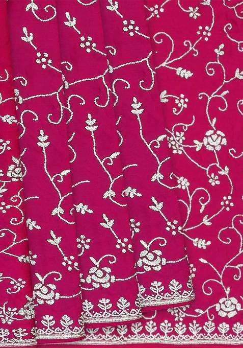 Pink Pure Crepe Embroidered Saree With Vine Motifs Pink For Women
