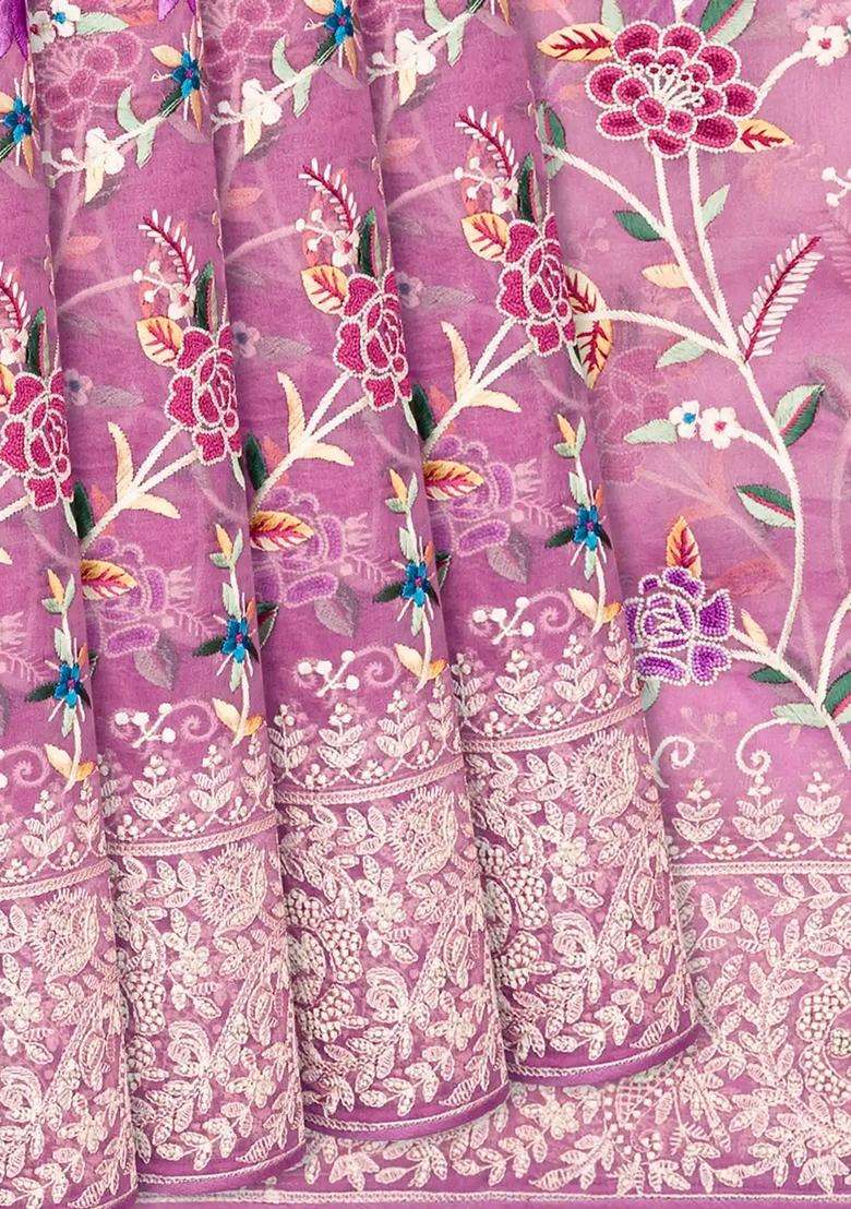 Dusty Pink Organza Silk Saree With Meena Embroidered Motifs Dusty Pink For Women - Indya