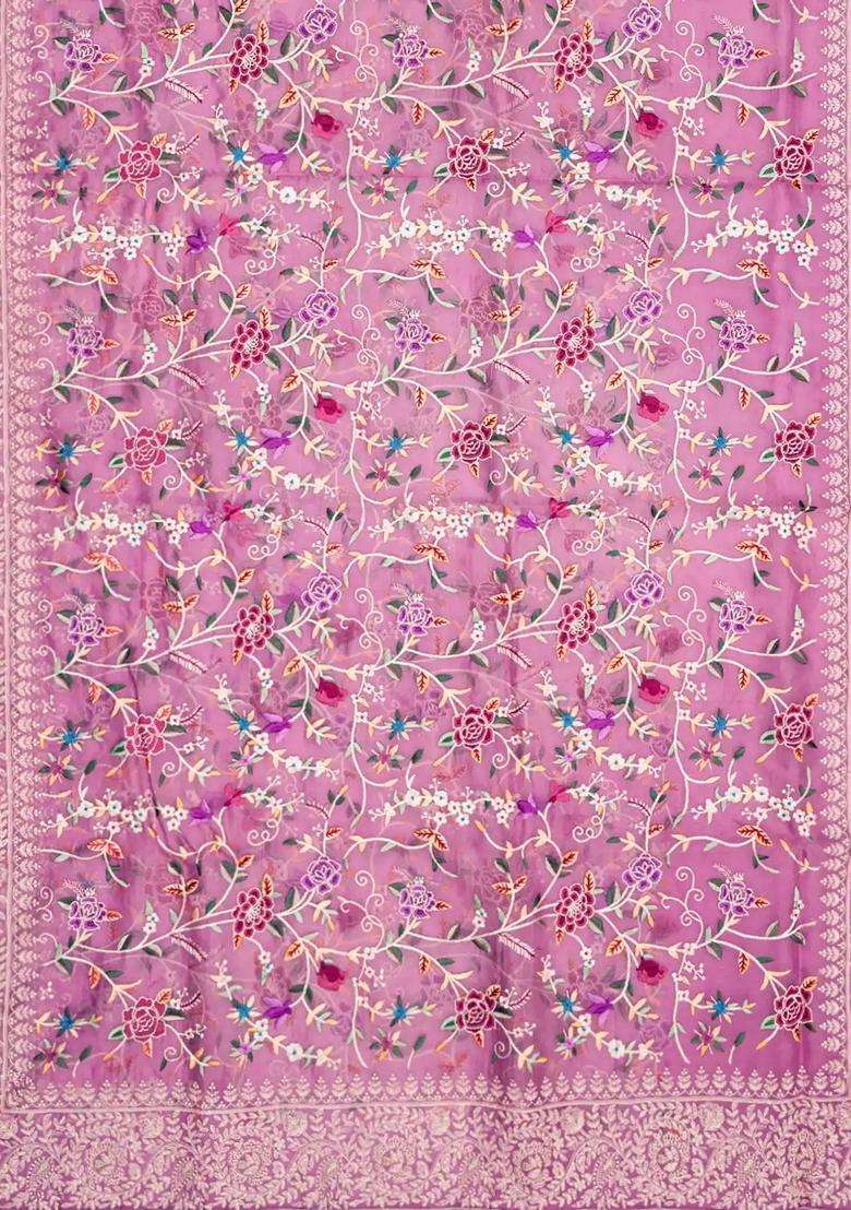 Dusty Pink Organza Silk Saree With Meena Embroidered Motifs Dusty Pink For Women - Indya