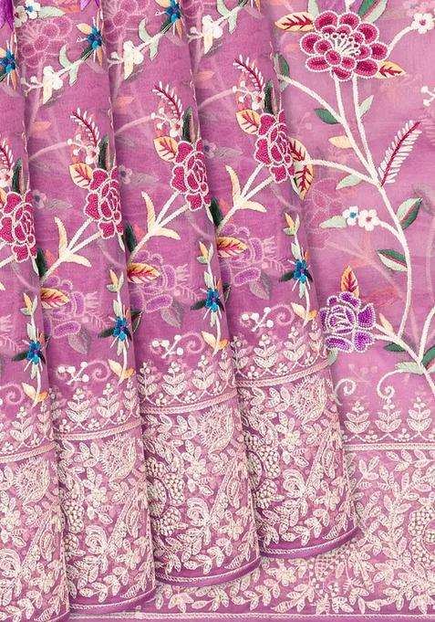 Dusty Pink Organza Silk Saree With Meena Embroidered Motifs Dusty Pink For Women