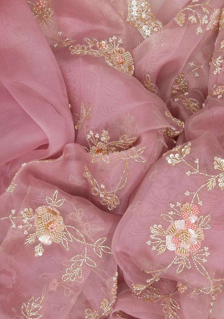 Baby Pink Woven Organza Saree With Embroidered Floral Motifs Baby Pink For Women - Indya
