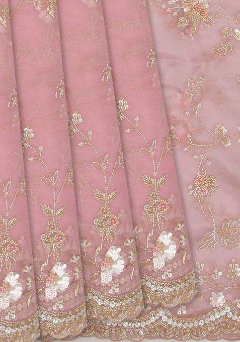Baby Pink Woven Organza Saree With Embroidered Floral Motifs Baby Pink For Women
