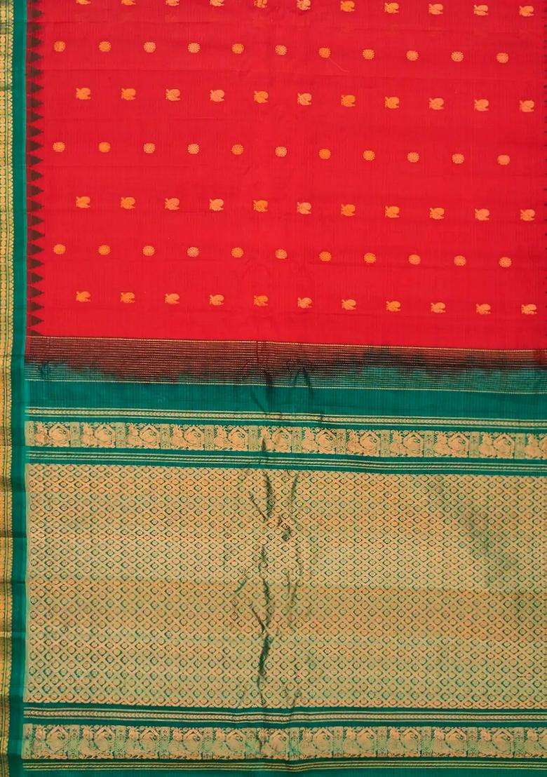 Red Handloom Gadwal Sico Cotton Saree With Annam Motifs Red With Buttas And Brocade Design For Women - Indya