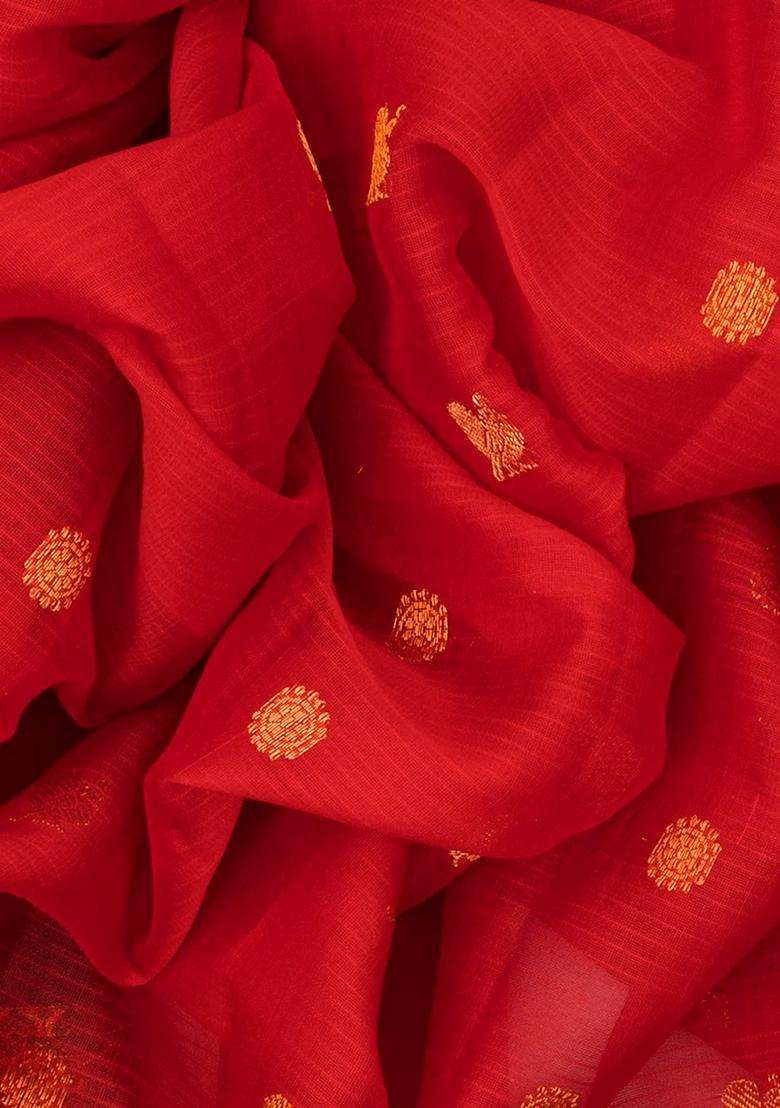 Red Handloom Gadwal Sico Cotton Saree With Annam Motifs Red With Buttas And Brocade Design For Women - Indya