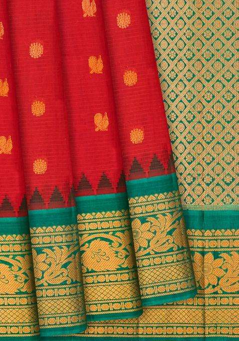 Red Handloom Gadwal Sico Cotton Saree With Annam Motifs Red With Buttas And Brocade Design For Women