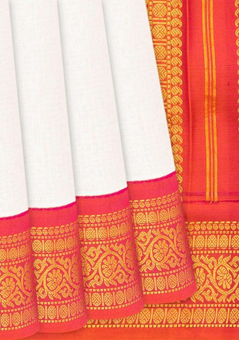 White Handloom Gadwal Silk Cotton Saree With Red Border White With Traditional Woven Design For Women - Indya