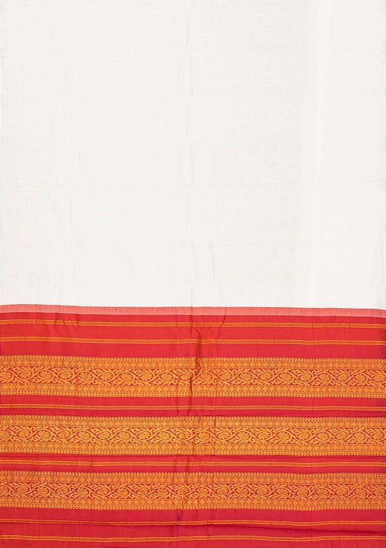 White Handloom Gadwal Silk Cotton Saree With Red Border White With Traditional Woven Design For Women - Indya