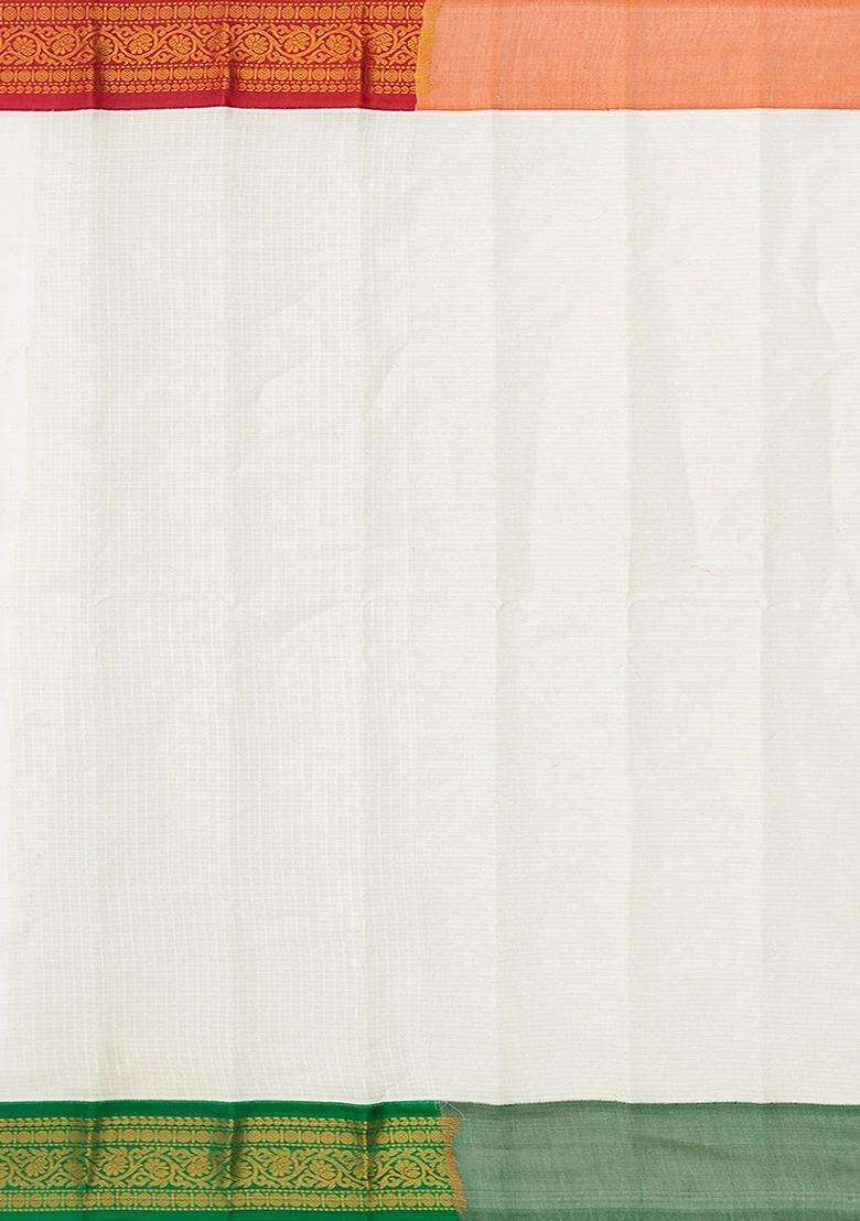 White Handloom Gadwal Silk Cotton Saree With Red Border White With Traditional Woven Design For Women - Indya
