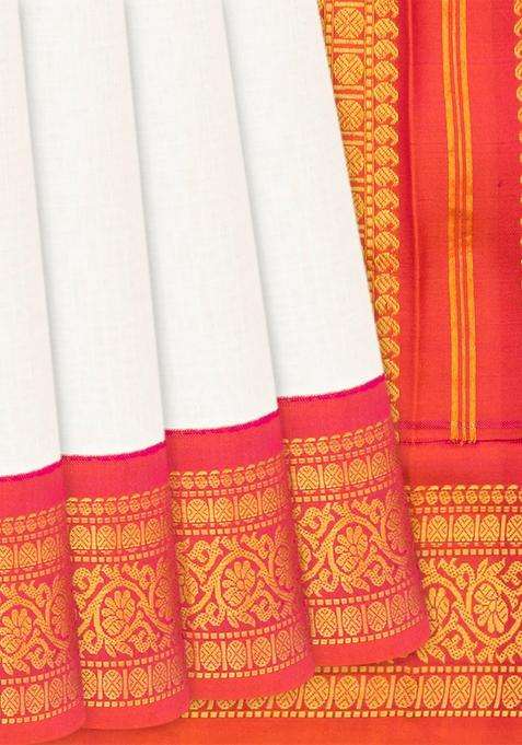 White Handloom Gadwal Silk Cotton Saree With Red Border White With Traditional Woven Design For Women