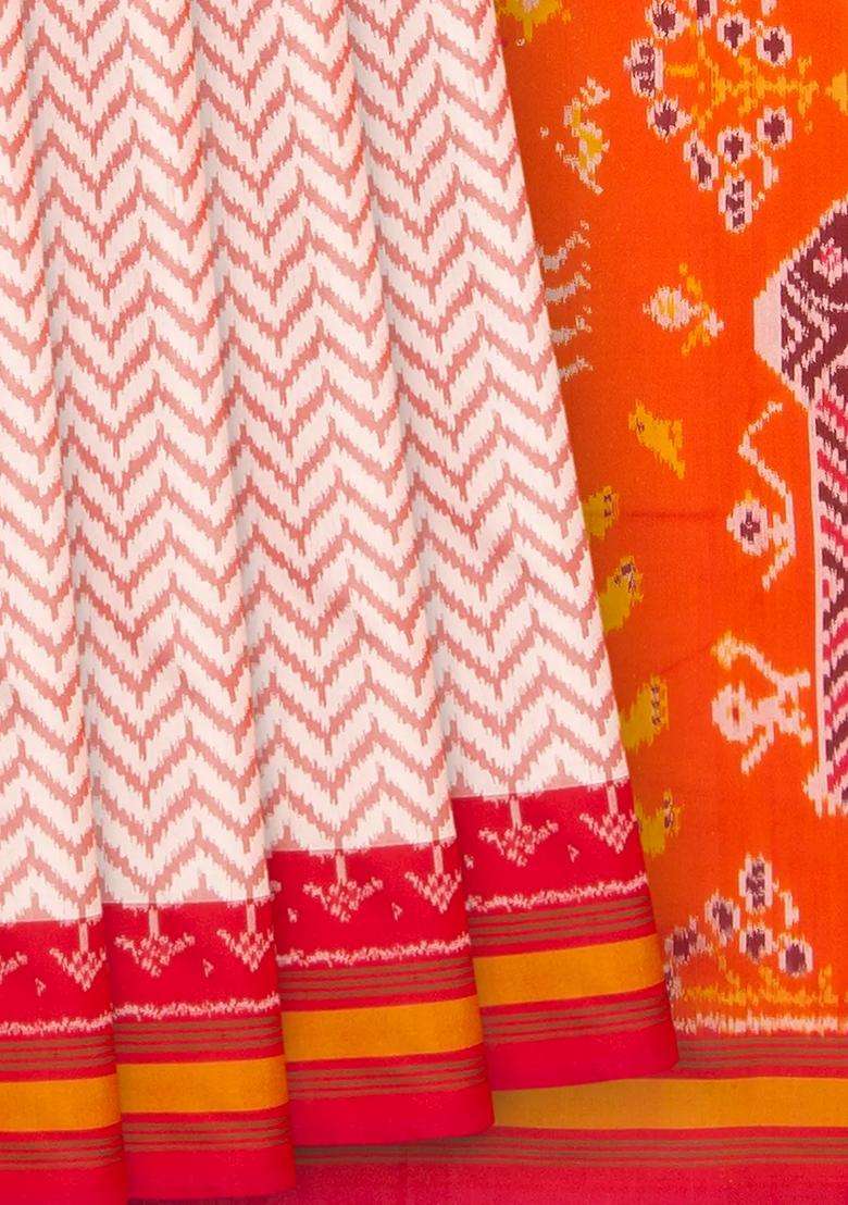 Off White Handwoven Ikat Silk Saree With Chevron Motifs Orange Pallu Off White With Printed Design For Women - Indya
