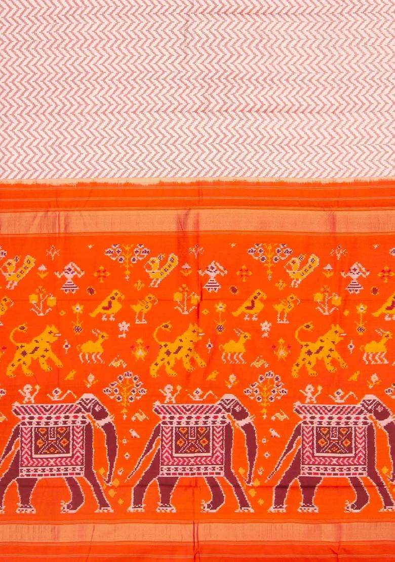 Off White Handwoven Ikat Silk Saree With Chevron Motifs Orange Pallu Off White With Printed Design For Women - Indya