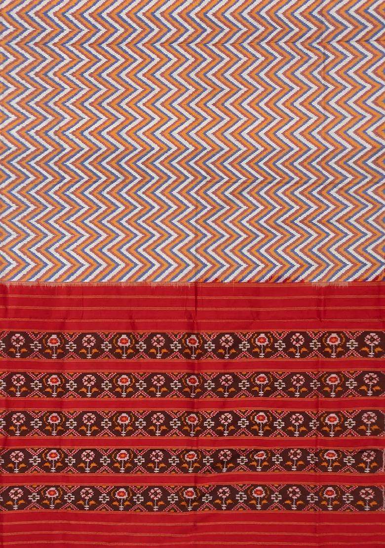 White Handloom Single Ikat Pure Silk Saree With Chevron Motifs White With Printed Design For Women - Indya