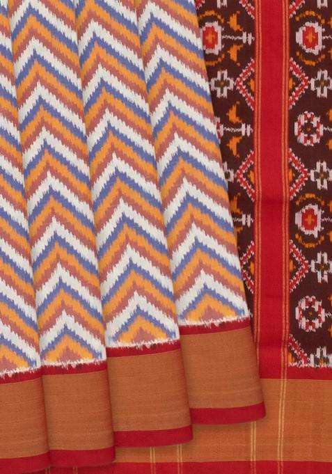 White Handloom Single Ikat Pure Silk Saree With Chevron Motifs White With Printed Design For Women