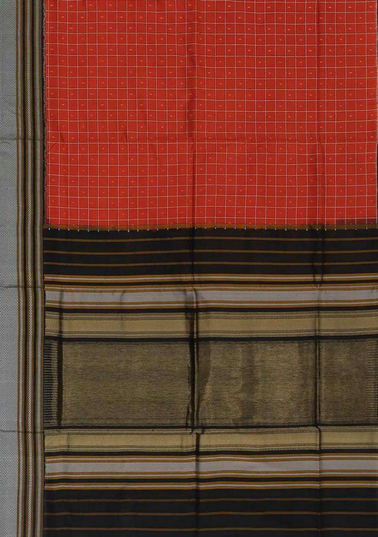 Rust Handloom Single Ikat Pure Silk Saree With Checks Rust With Printed Design For Women - Indya