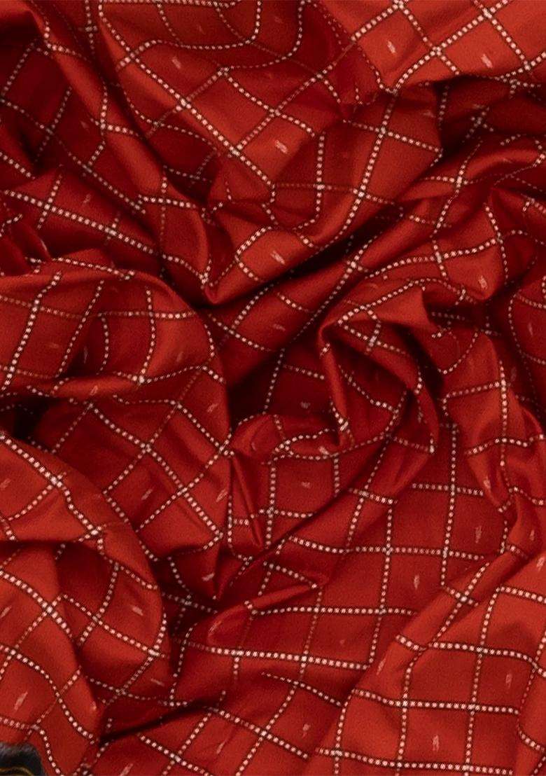 Rust Handloom Single Ikat Pure Silk Saree With Checks Rust With Printed Design For Women - Indya