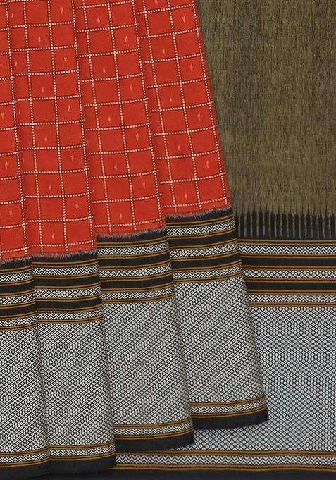 Rust Handloom Single Ikat Pure Silk Saree With Checks Rust With Printed Design For Women