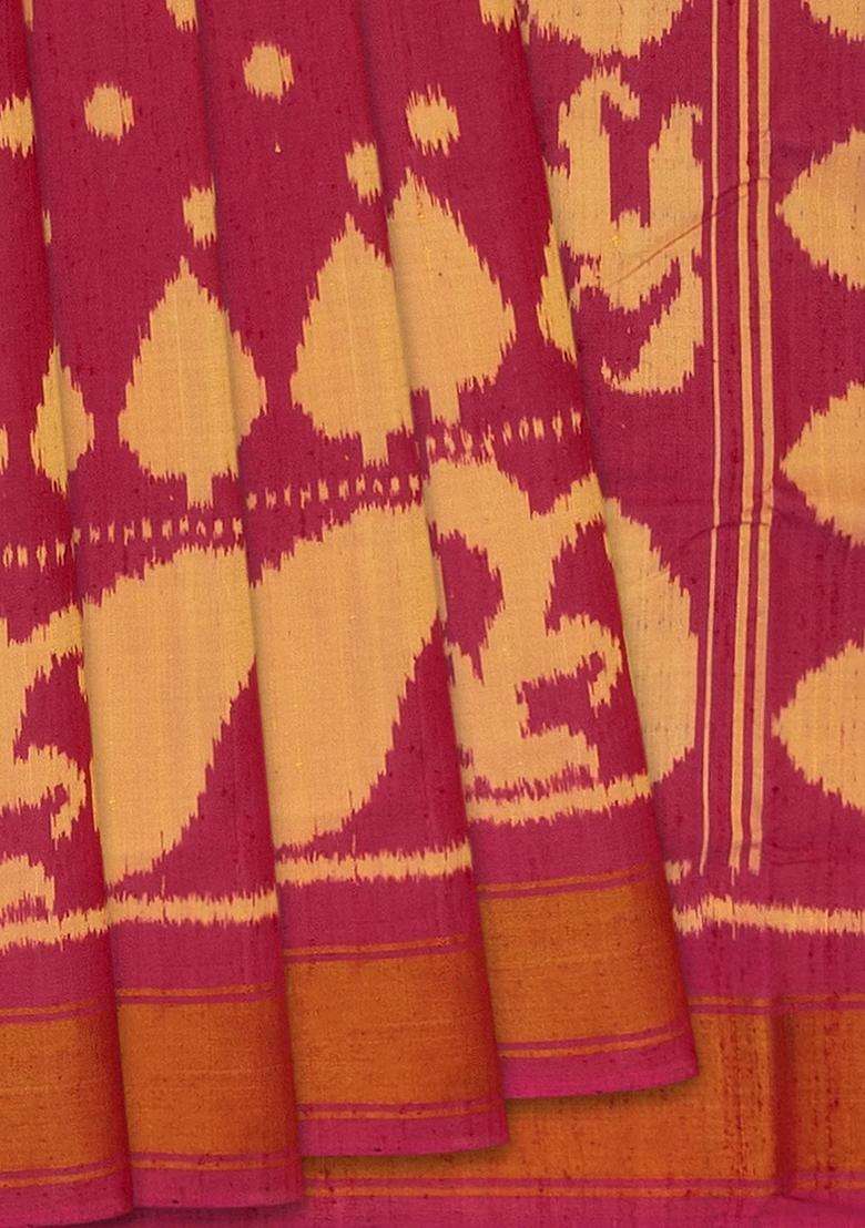 Pink Handloom Ikat Dupion Silk Saree With Mango Motifs Pink With Printed Design For Women - Indya