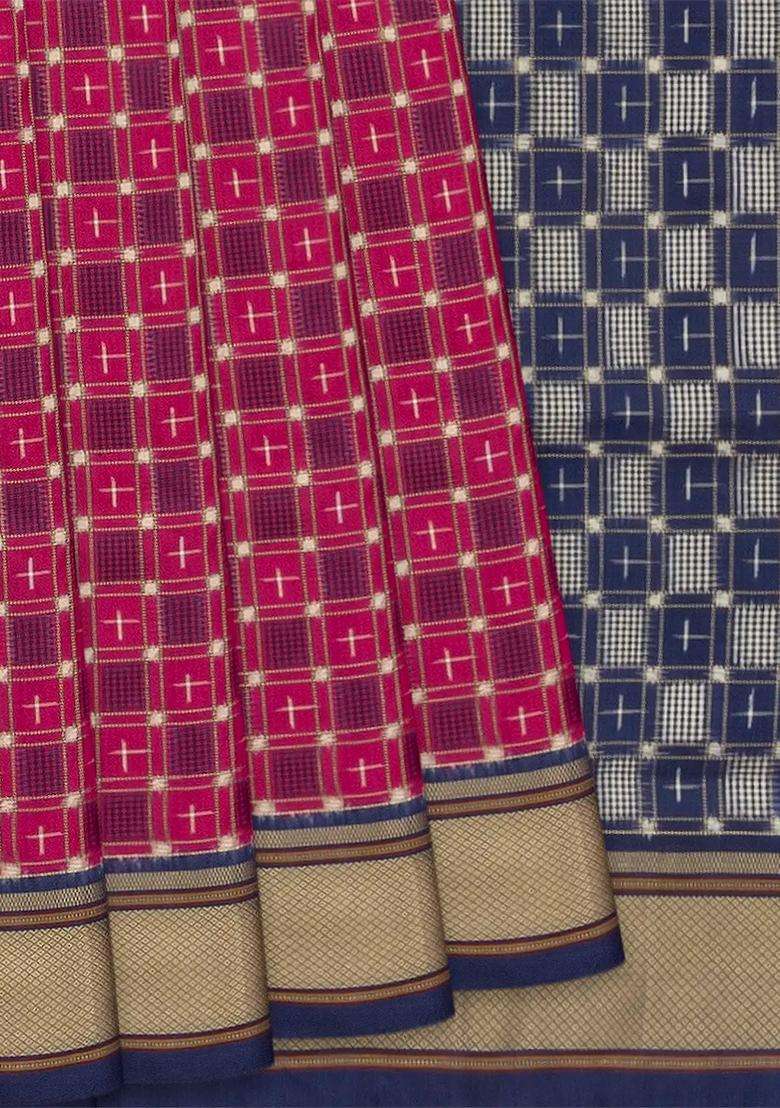 Pink Handloom Ikat Silk Saree With Checks Navy Pallu Pink With Printed Design For Women - Indya