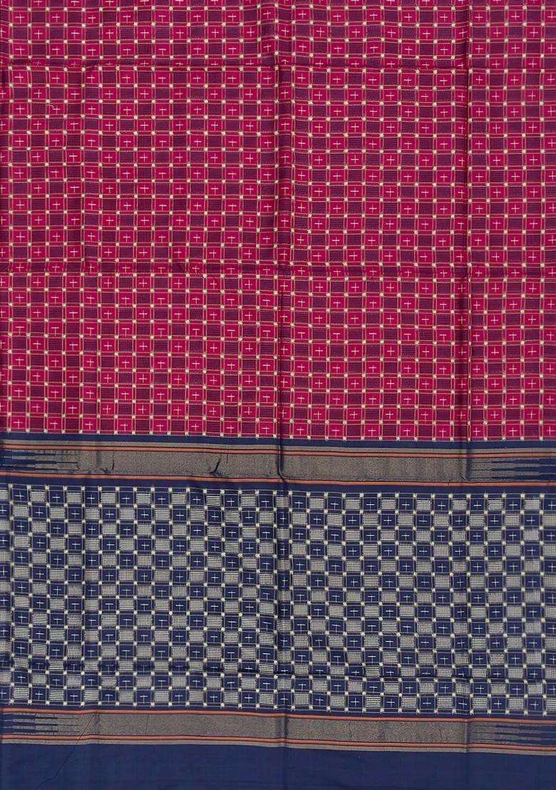 Pink Handloom Ikat Silk Saree With Checks Navy Pallu Pink With Printed Design For Women - Indya