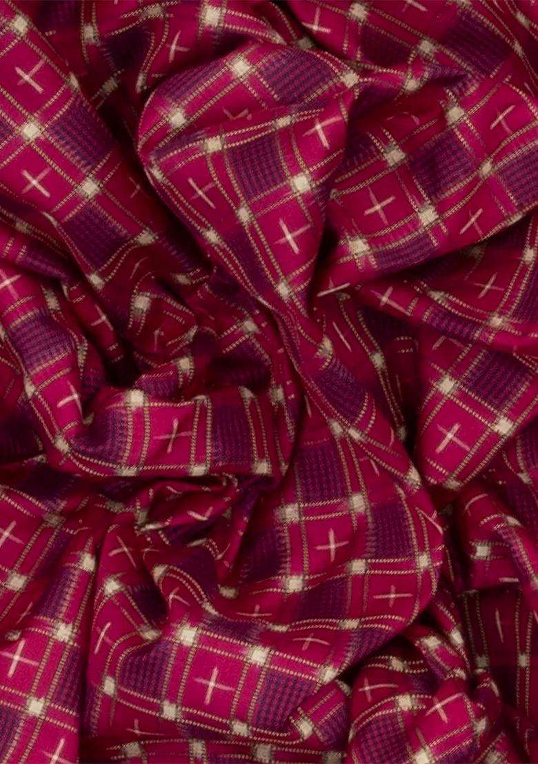 Pink Handloom Ikat Silk Saree With Checks Navy Pallu Pink With Printed Design For Women - Indya