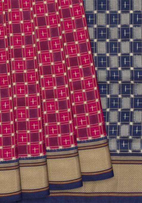 Pink Handloom Ikat Silk Saree With Checks Navy Pallu Pink With Printed Design For Women