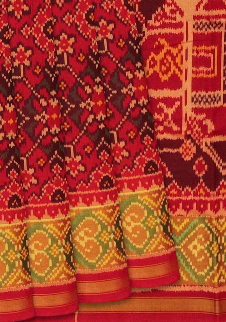 Red Handloom Ikat Silk Saree With Floral Motifs Red With Printed Design For Women - Indya