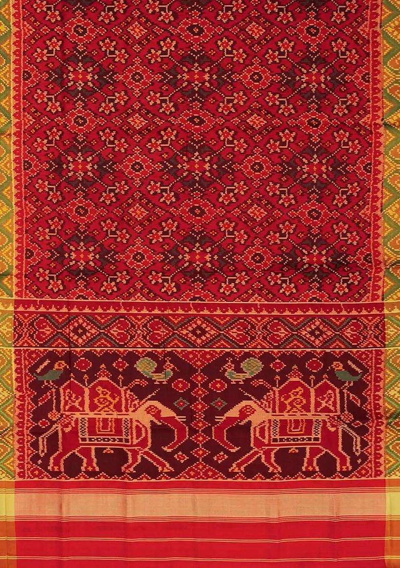 Red Handloom Ikat Silk Saree With Floral Motifs Red With Printed Design For Women - Indya