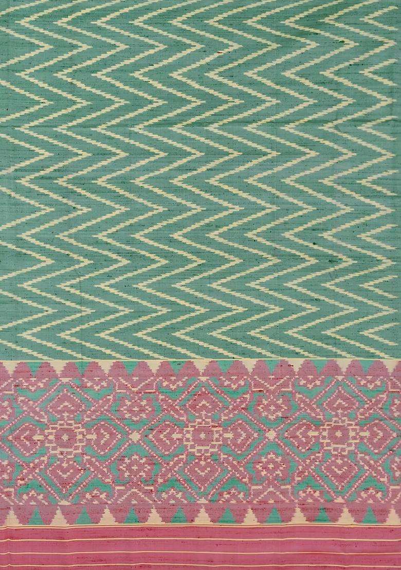 Aquamarine Handloom Ikat Dupion Silk Saree With Chevron Motifs Aquamarine With Printed Design For Women - Indya